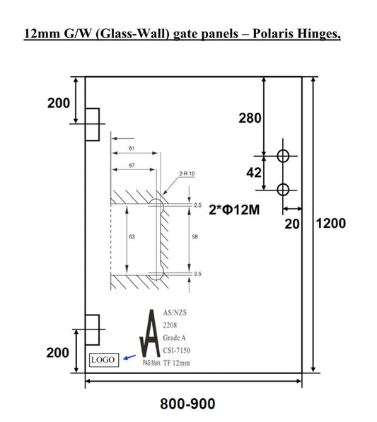 Clear Toughened Wall – Glass Polaris Gate 12mm (T) x 1200mm (H)
