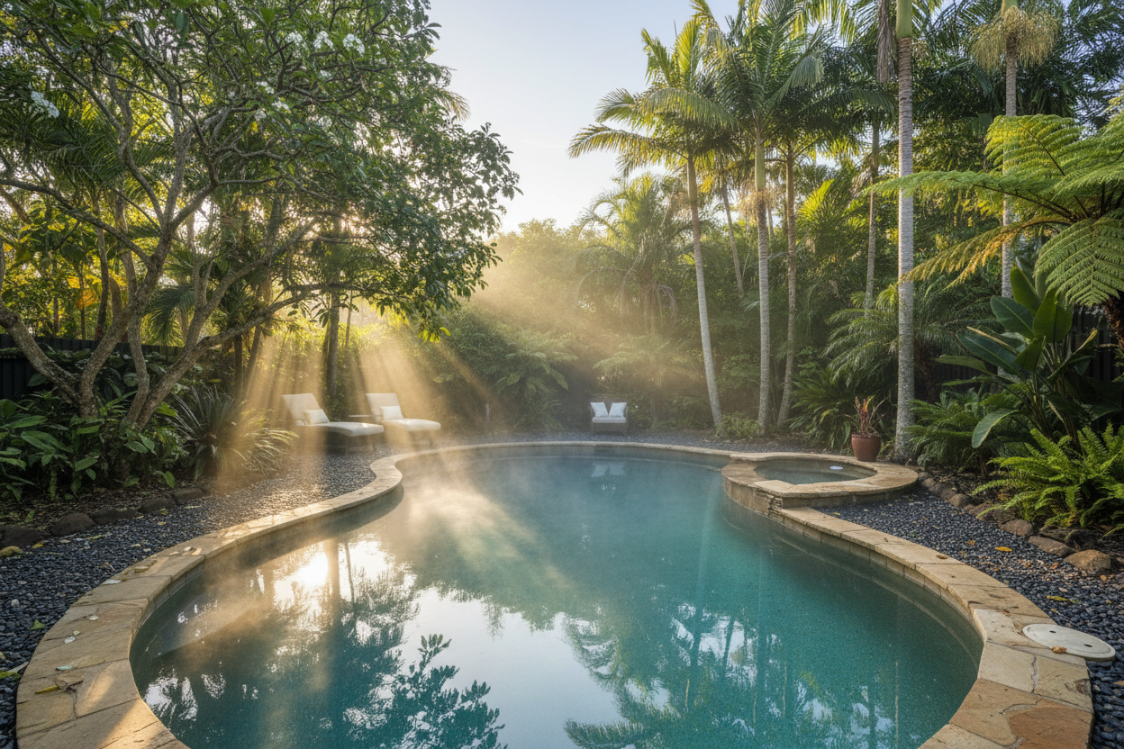 Queensland pool with steam rising on a warm winter morning